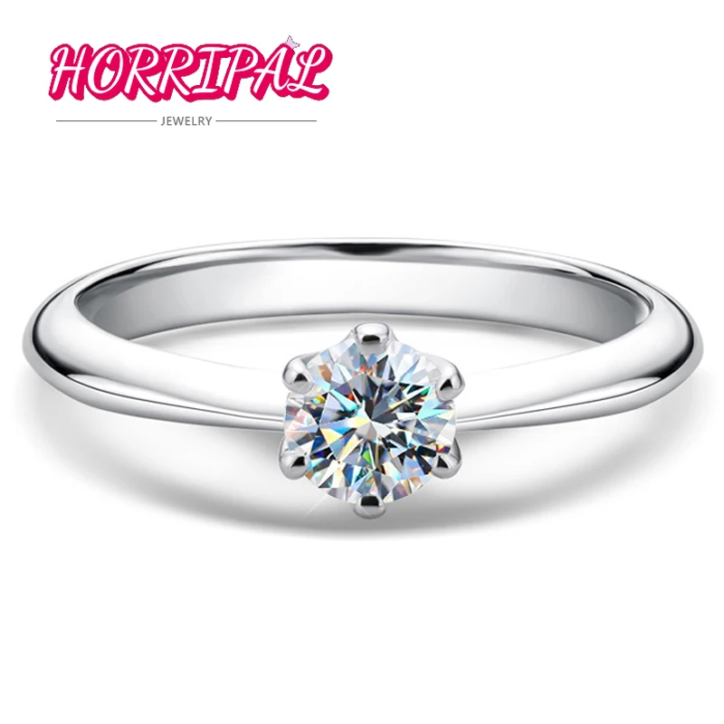 

HORRIPAL Pure Solitaire Round Moissanite Ring S925 Silver 18k White Gold Plated Eternal Promise Wedding Ring For Woman Couple