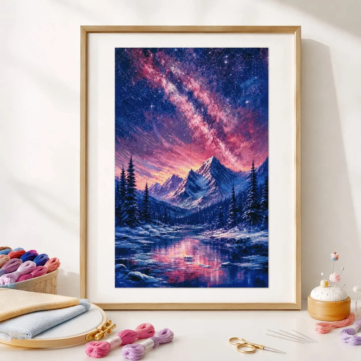 [ZZ9234-Star Mountain Lake Scenic View]11CT 14CT 16CT DIY Stamped Cross Stitch Kit with Printed Canvas and Cotton Threads