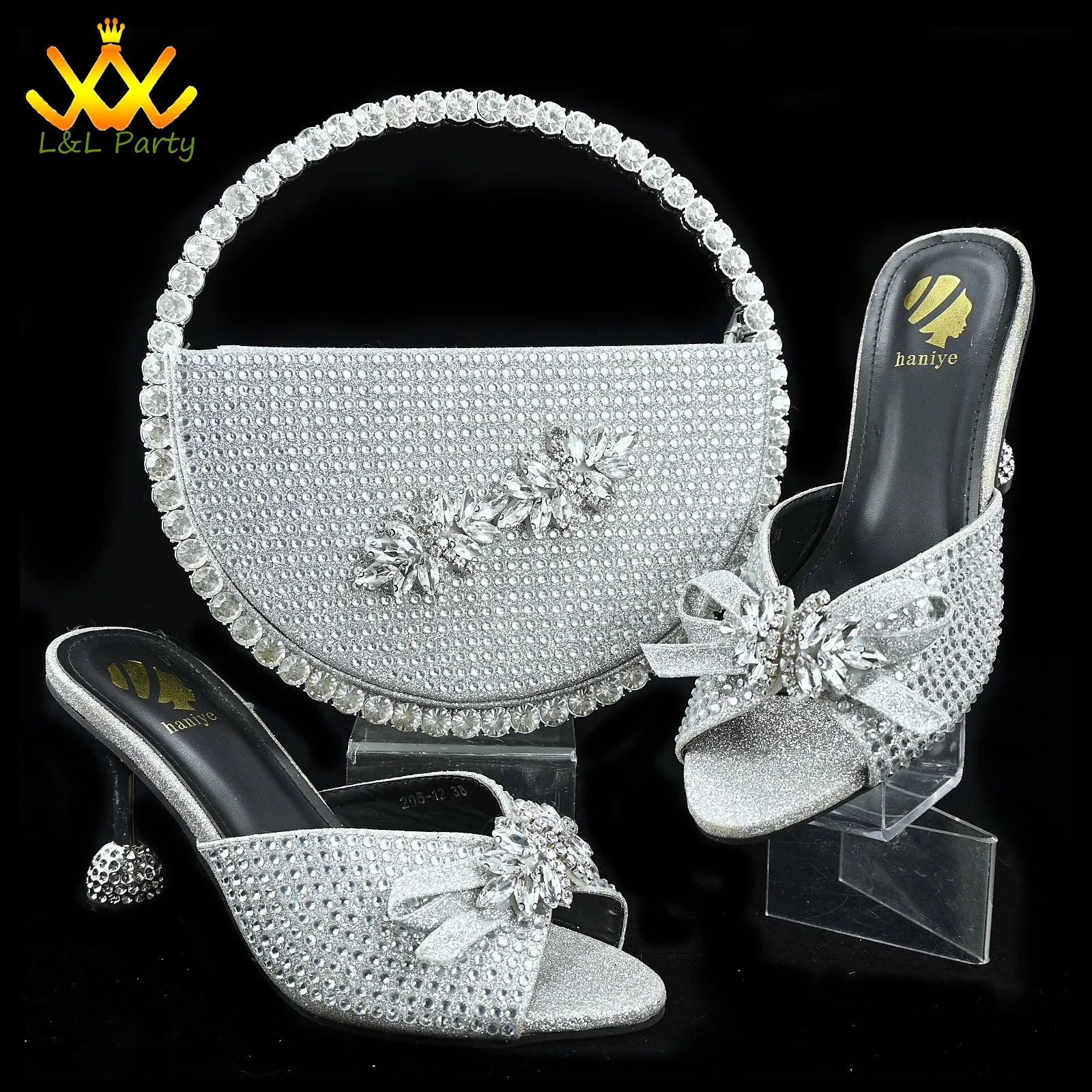 2025 Winter Newest Coming Fashion Nigerian Women Shoes and Bag Set in Silver Color Full Crystal Super High Heels for Wedding