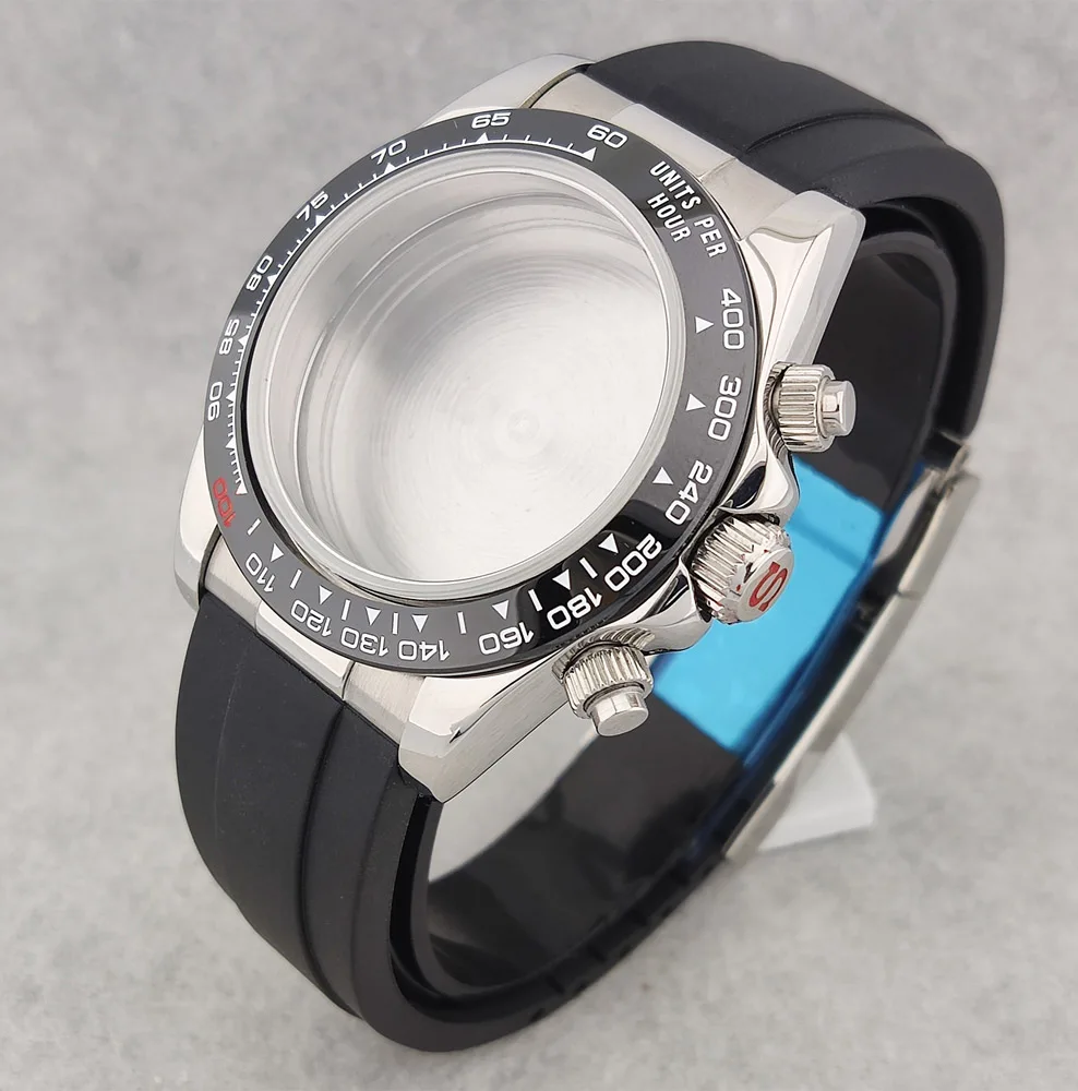 40 مللي متر حافظة الياقوت الزجاج الكوارتز حاوية من الفولاذ المقاوم للصدأ قذيفة كرونوغراف الحافة شريط مطاطي تاج صالح حركة VK63 ﻿