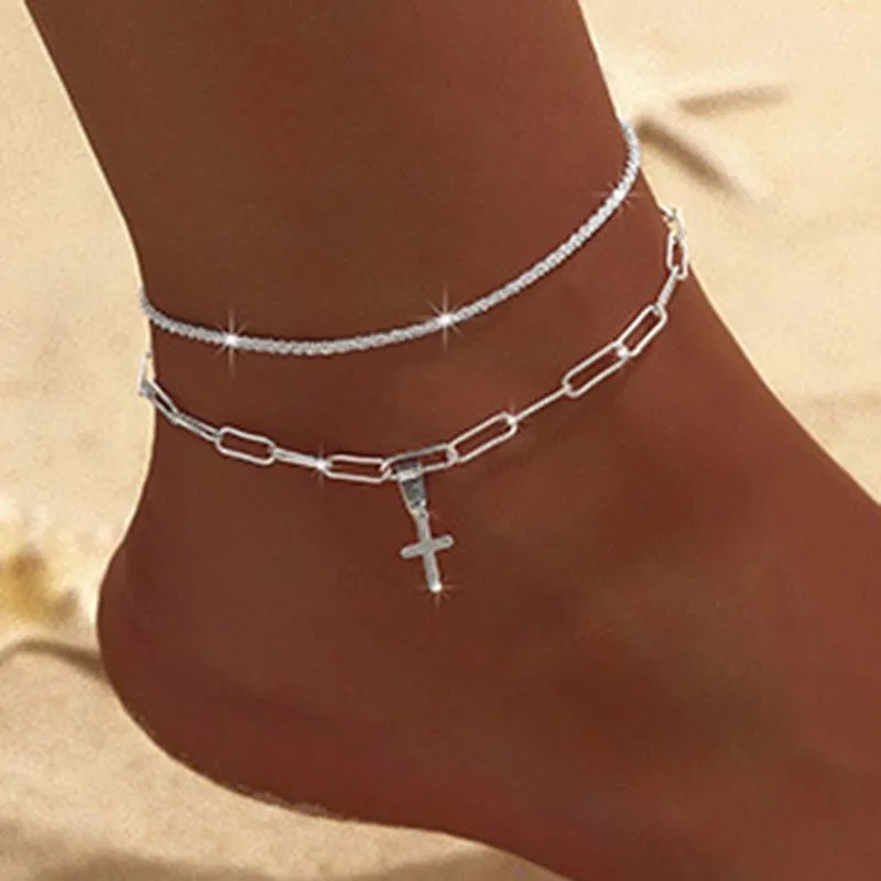 Silver Color Chain Anklets for Women Heart Cross Double-layer Anklet Summer Beach Barefoot Sandals Bracelets On Leg Foot Jewelry