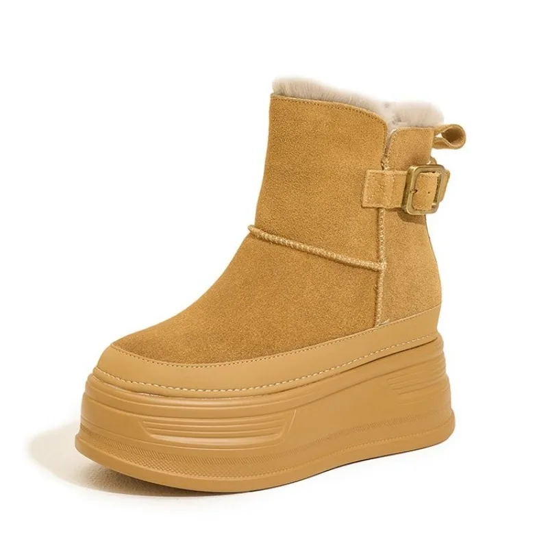 Chic New Arrival High Platform Faux Suede Women Snow Boots ,Wear‑Resistant Metal Buckle Short Winter Warm Furry Plush Boots
