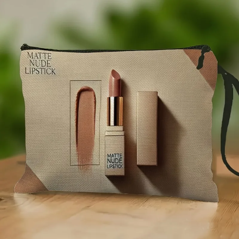 Matte Nude Lipstick Case Suitable for Lip Care Tools & Lipstick Holders, Lightweight Makeup Bag with Wrist Strap, Zipper Closure