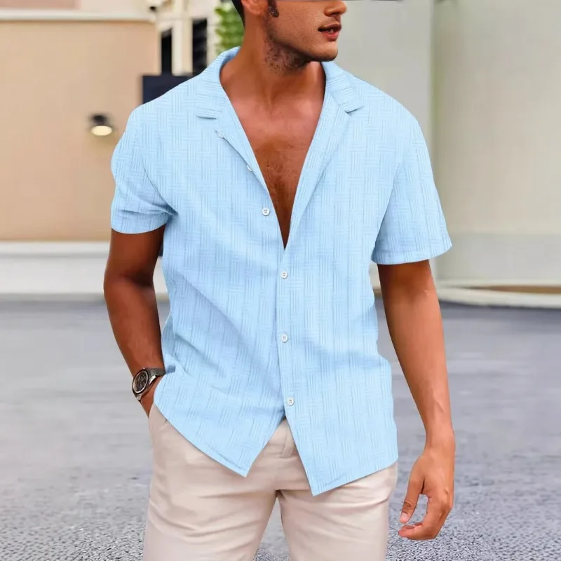 

Men Light Blue Textured Cuban Collar Shirt Short Sleeve Button Down Casual Beach Top For Daily Wear