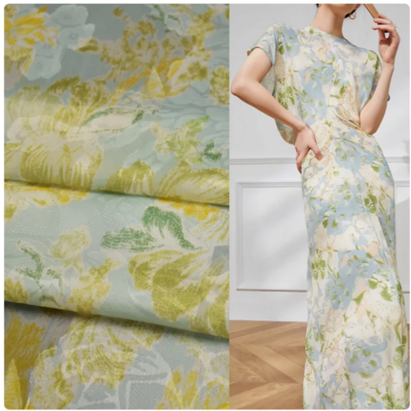 Elegant Fresh Yellow Green Flower Print Chiffon Fabric, Dress, Shirt, Han Cloth Sewing Handmade Tissue, Soft Transparent, T2230