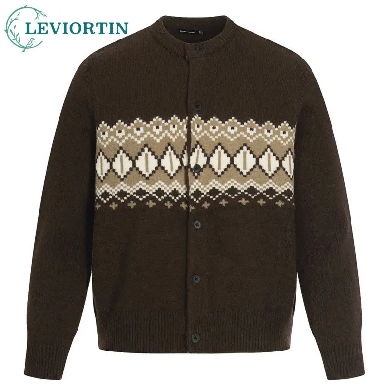 Men Fashion Street Trendy Round Neck Single breasted Cardigan Jacquard Color blocked Ethnic Style Long sleeved Knitted Sweater