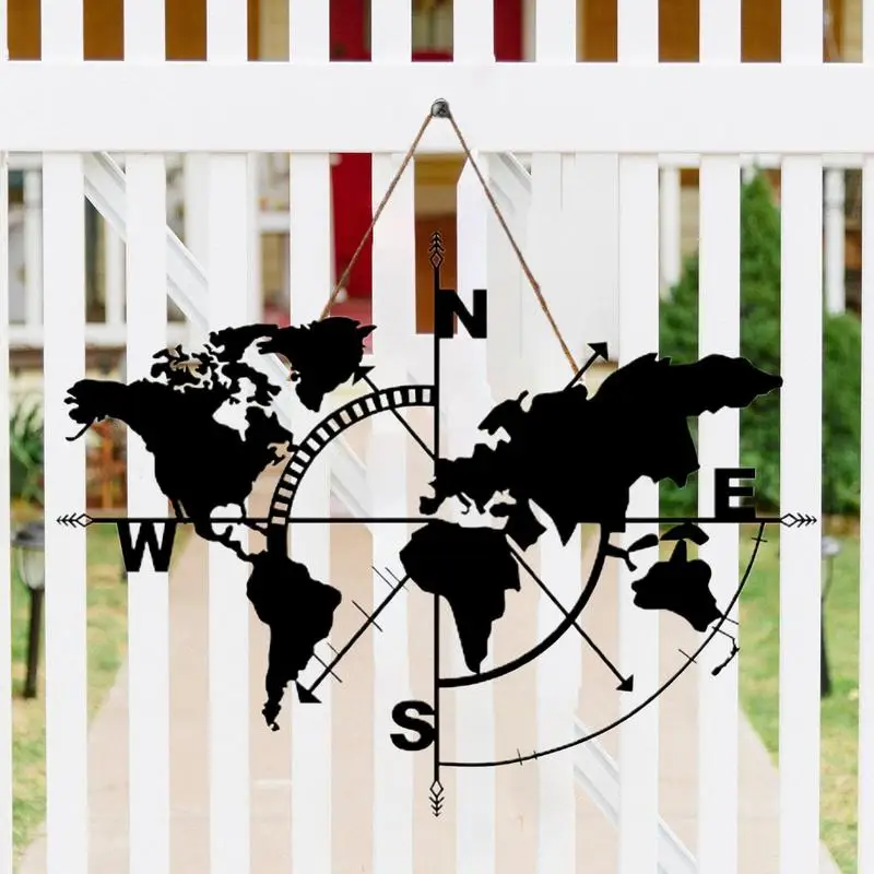 World Map Wall Art Metal Compass Design Hanging Wall Decoration For Home Office Classroom And Living Room Home Accessories