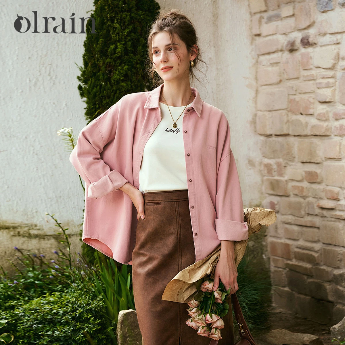 

OLrain Pink Women's Jackets Autumn 2025 Loose Fit Fashion Twill 100% Cotton Embroidery Lazy Cozy Denim Outercoats N56QC93926
