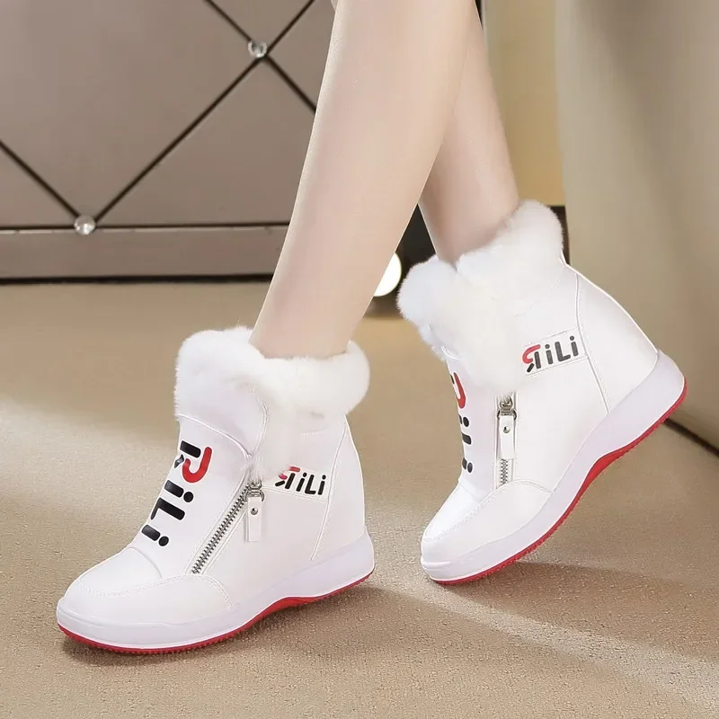 Rabbit Hair Inner Elevated Women's Shoes Autumn Winter New Warm Cotton Shoes Thick Sole Slope Heels Double Zipper Short Boots