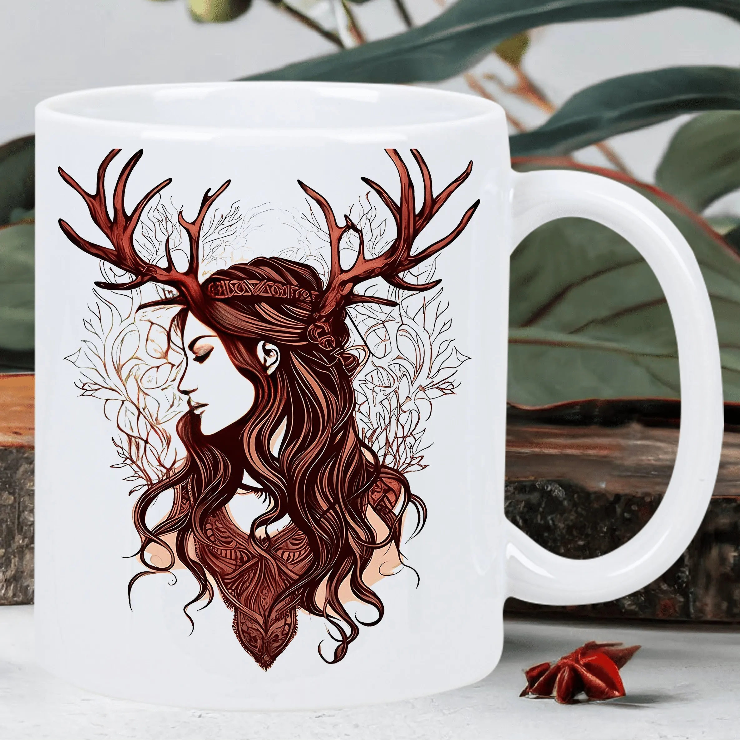 Forest Spirit Ceramic Mug - Elegant Woman with Antlers Design, Perfect Gift for Coffee and Tea Lovers, Unique Novelty Present