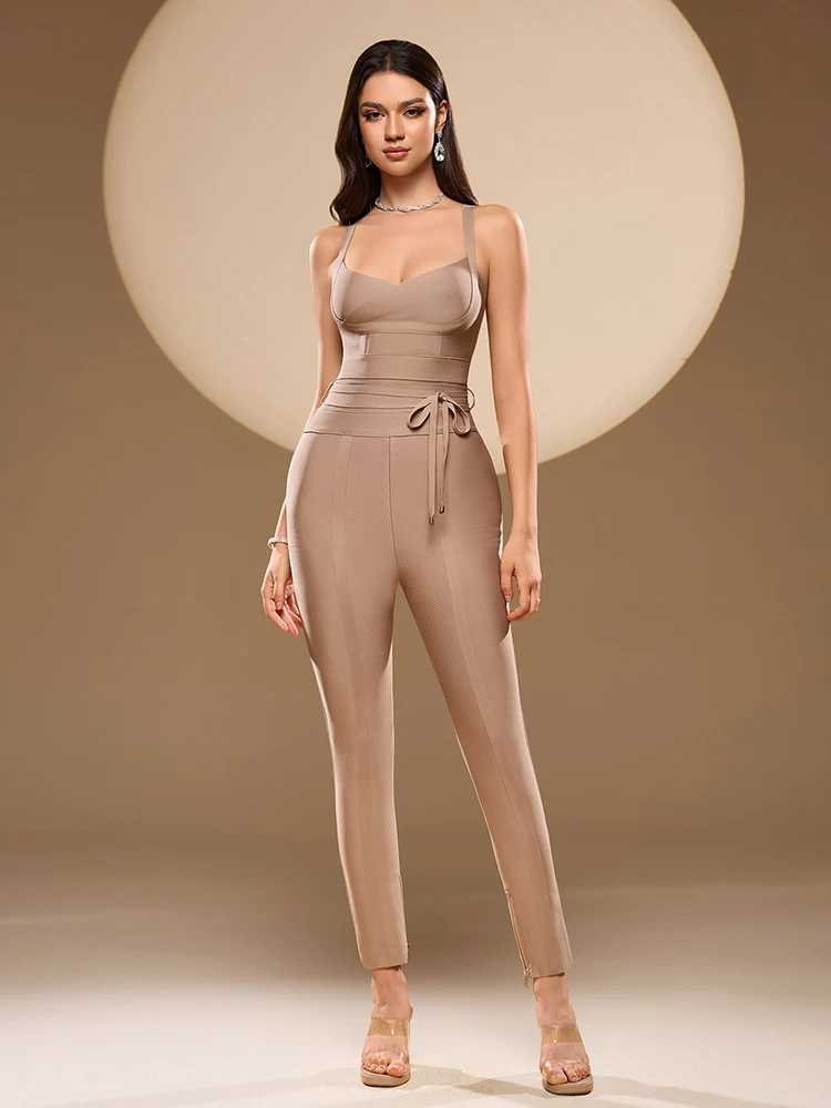 Sexy Spaghetti Straps Lace-up Rayon Bandage Jumpsuits Women Sleeveless Bodycon Pencil Pants Jumpsuits Party Ccotail Gowns