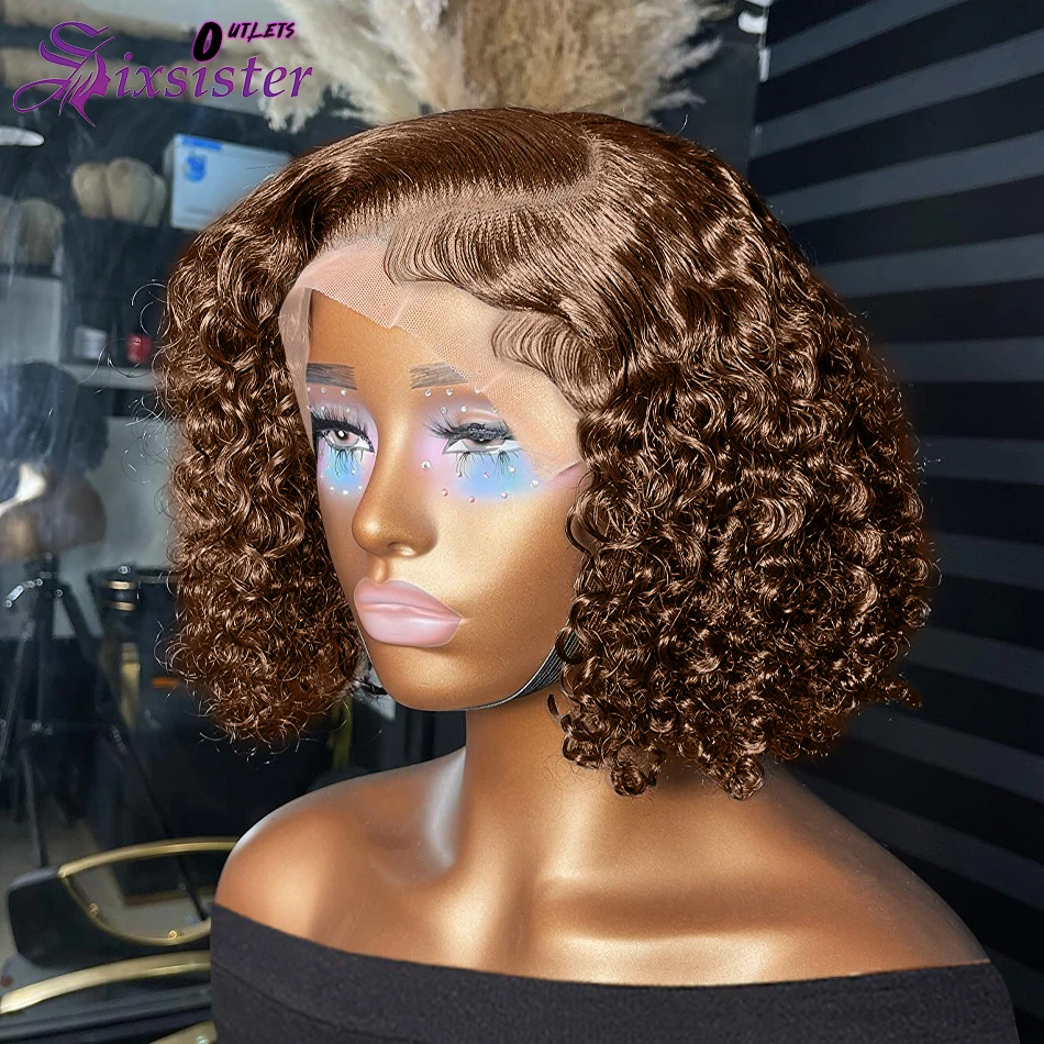 

Deep Wave Short Bob Wig Chocolate Brown 13x4 Lace Front Wig Brazilian Human Hair Curly Short Bob Wig #4 Color Wigs 200% Density