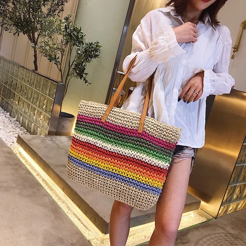 

2023 Women Rainbow Color Handbag Beach Bag Rattan Woven Handmade Knitted Straw Large Capacity Tote Leather Women Shoulder Bag