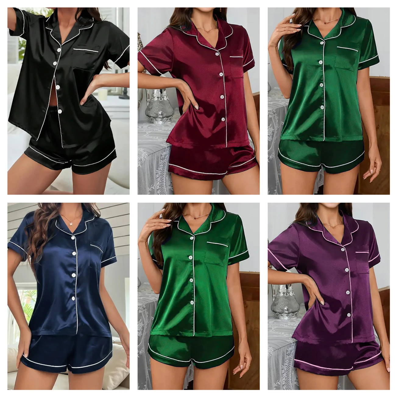

Женский пижамный комплект, атласная одежда для сна, топы на пуговицах и шорты, пижамный костюм из двух предметов, пижама Femme, ночная рубашка, домашняя одежда на лето