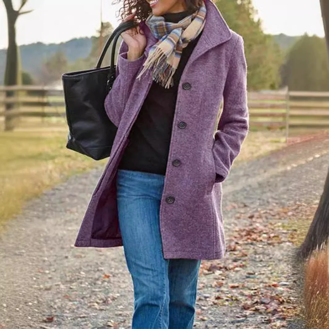 Otoño Invierno nuevo Vintage medio a largo mujer abrigo Casual versátil Color sólido abrigos de lana femeninos