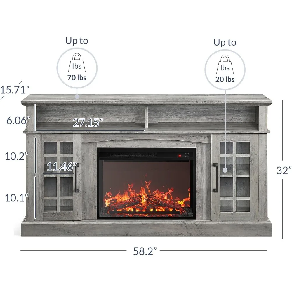 

58" Rustic TV Stand with 23" Electric Fireplace Heater, Media Entertainment Center Console Table for TVs Up To 65", Tv Stand