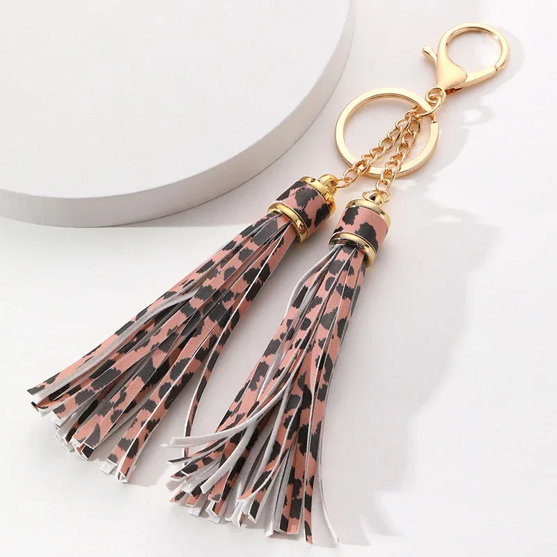 Leopard Print Leather Tassels Keychain for Women Bag Car KeyRing Mobile Phone Fine Jewelry Accessories Kids Girl Gift