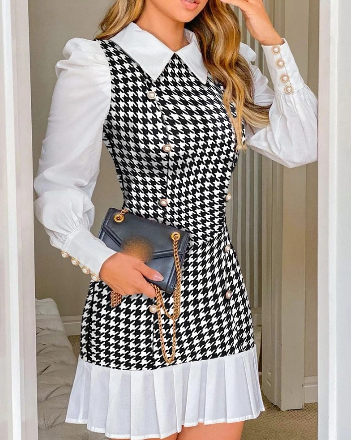 

Women Dress Elegant Houndstooth Print Contrast Color Button Decor Turn-down Collar Puff Long Sleeve Ruffle Hem A Line Mini Dress