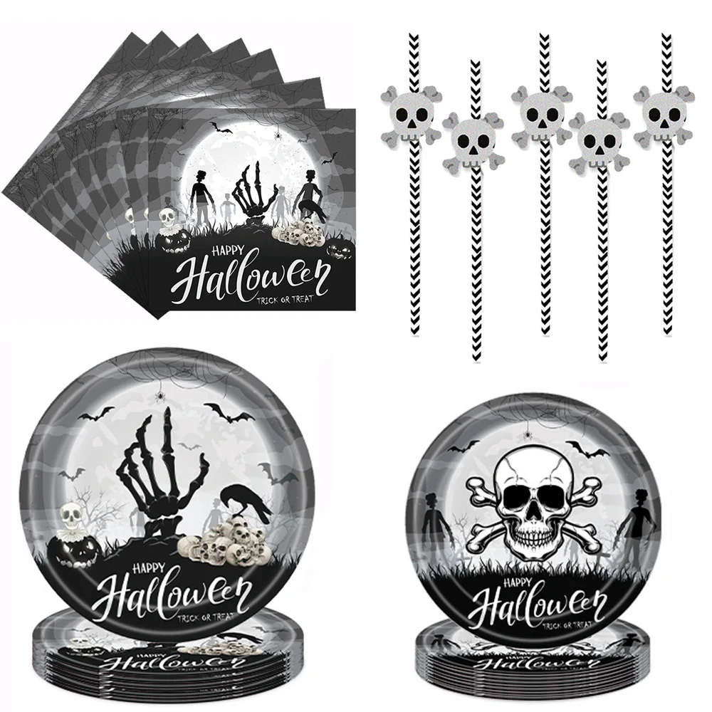 

Halloween Party Supplies Skull Paper Plates Napkins for Halloween Tableware Horror Decorations