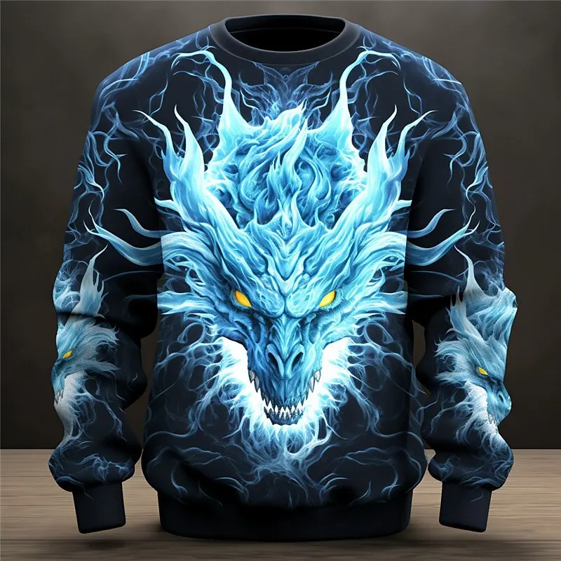 

3D Print Dragon Pattern Men's O-Neck Sweatshirt Autumn Outdoor Street Cool Hip Hop Comfortable Pullover Loose Breathable Clothes