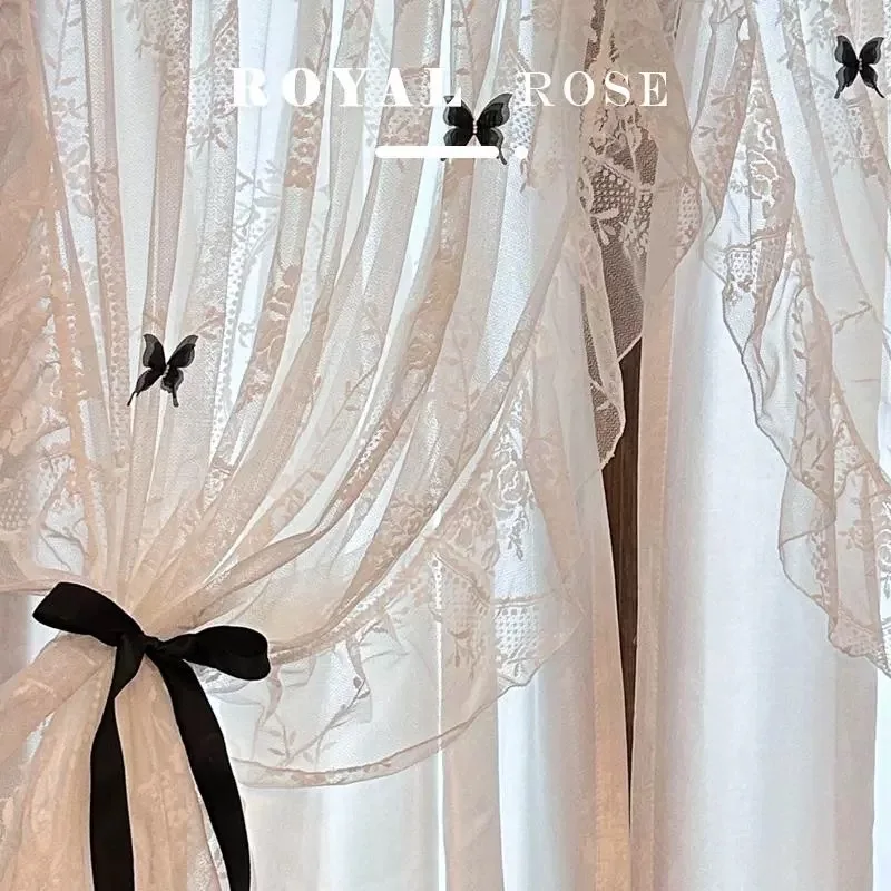 Double Layered French Elegant Butterfly Lace Curtains Living Room Princess White Lace Curtains for Balcony Wedding Curtains#A624