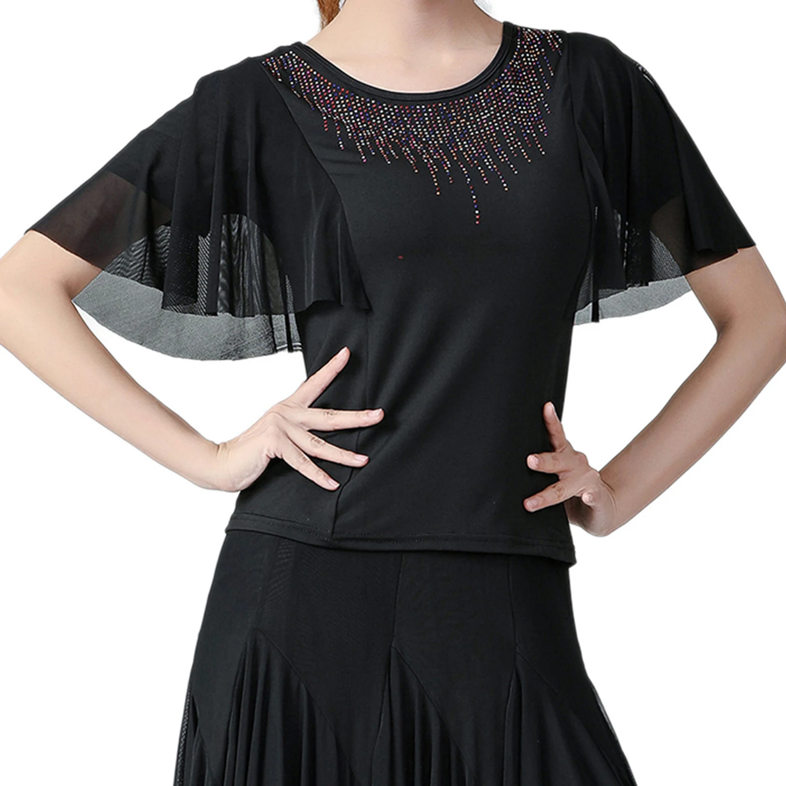 Women Ballroom Dance Tops  Sleeves Colorful Rhinestones Neckline Modern Blouses Performance Wear for Cha Cha Rumba Tango