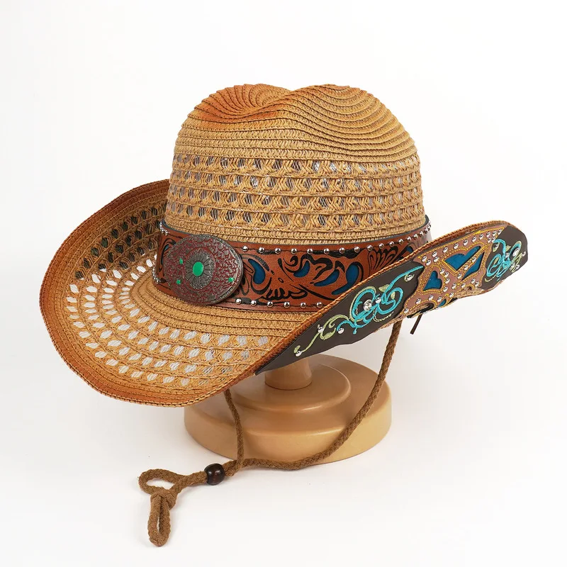 Hollow-out outdoor straw , western cowboy , turquoise with ethnic- embellishments, jazz-style retro hat