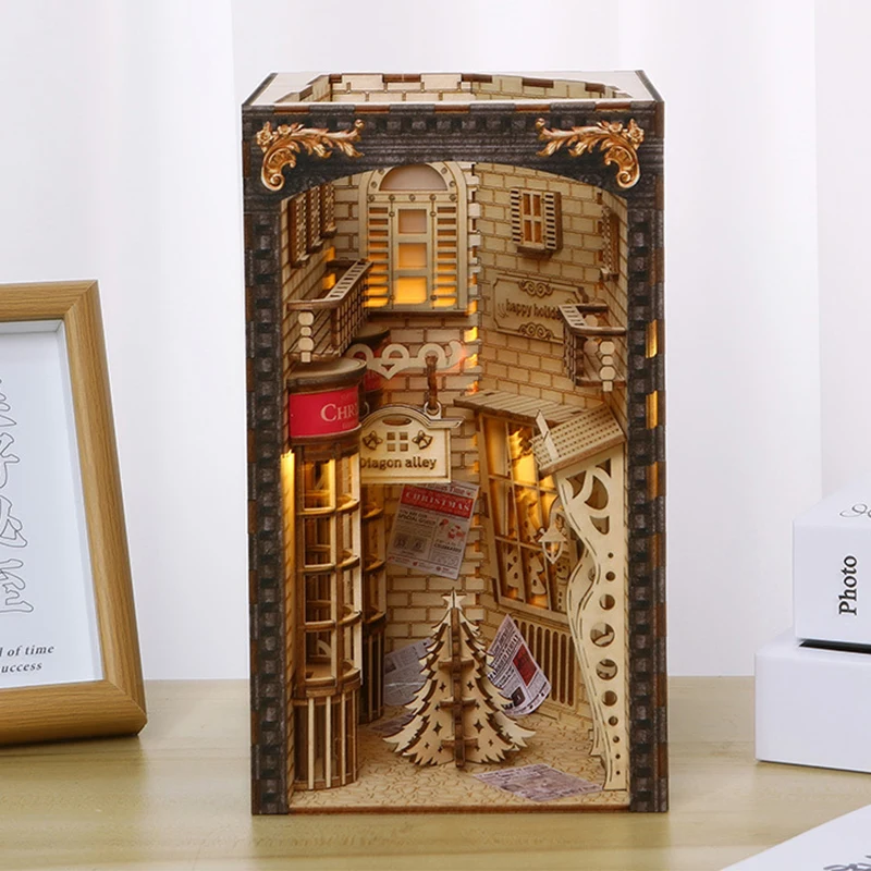 New DIY Wooden Dragon Alley Book Nook Shelf Insert Kits Miniature Bookshelf Dollhouse Bookend Toys for Friends Christmas Gifts