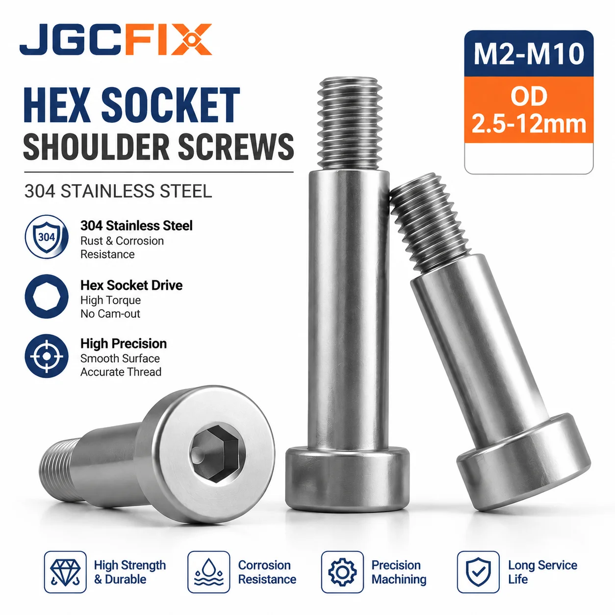 M2-M10 304 Stainless Steel Hex Socket Shoulder Screw 2-12mm Precision Shoulder Bolt Metric Thread Roller Bearing Screw Fastener