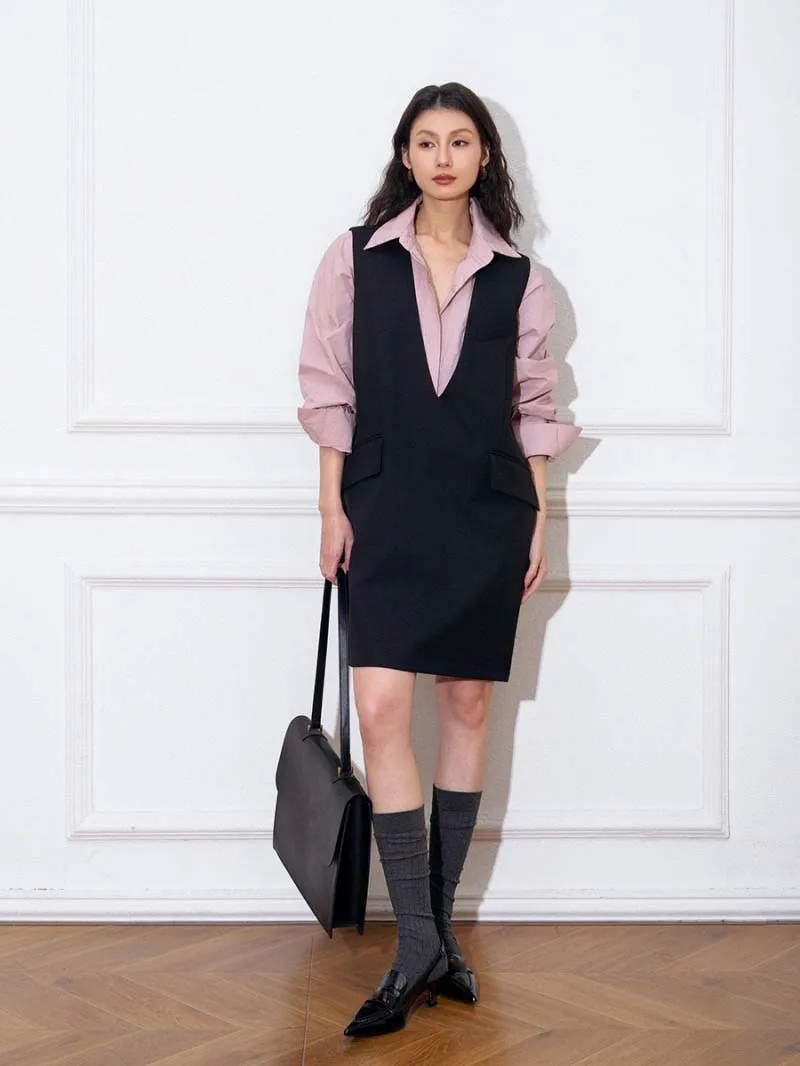 

British style women's dress, fashionable, cool, simple, versatile, age reducing, slim and thin sheepskin V-neck vest skirt