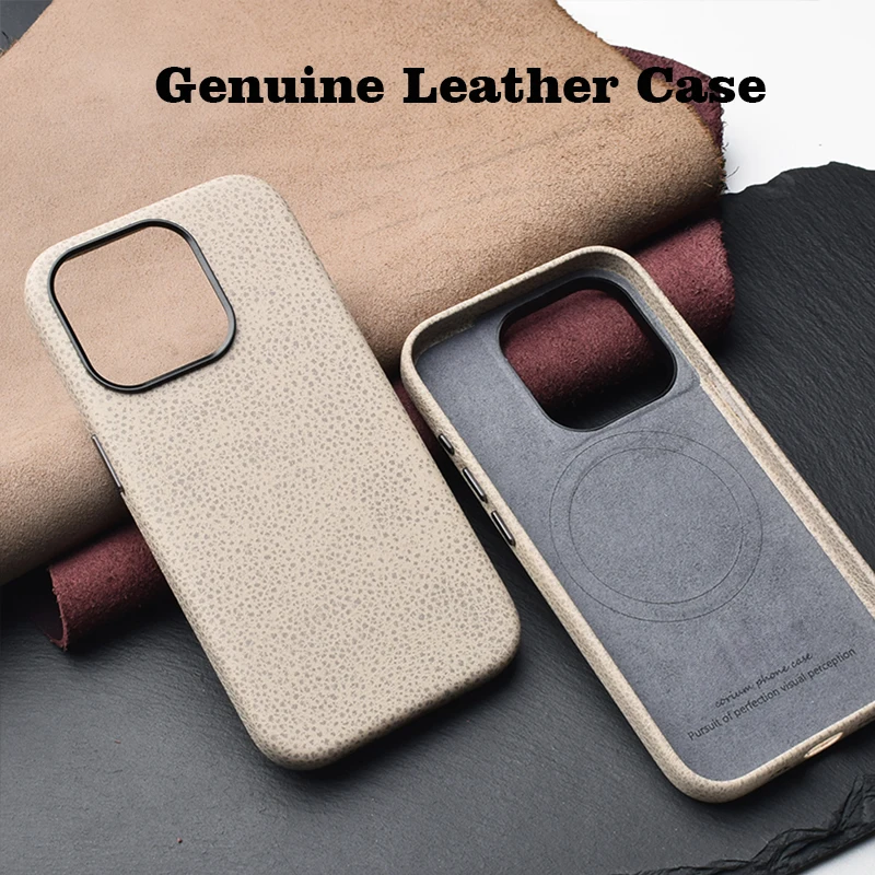 Genuine Leather Case For iPhone 15 Pro Max Luxury Real Skin Phone Back Cover For Apple iPhone 15 Pro Magnetic Beige Color