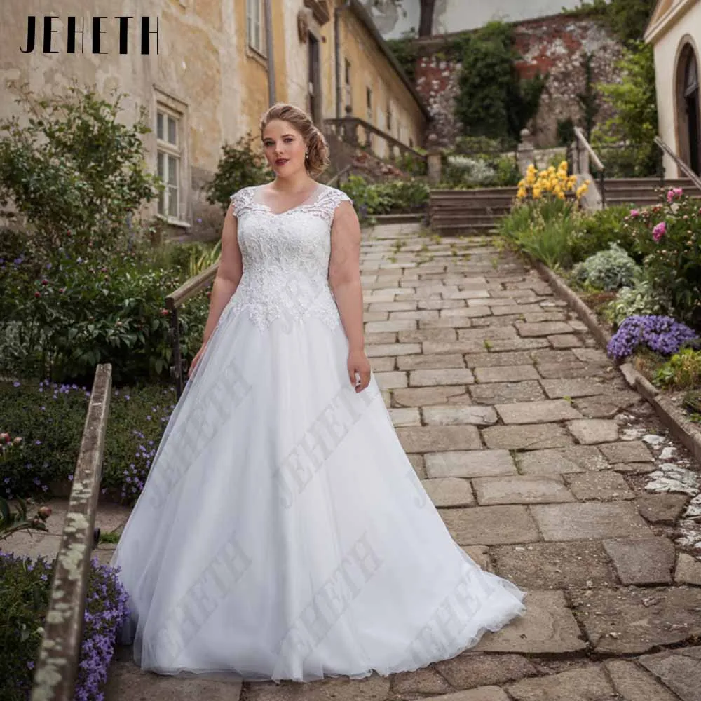 Jeheth Classic cap manches robe de mariée plus taille scooGuitar Hcondamned-Robes de mariée à mancherons classiques, grande taille, scoop, à lacets, quelle que soit la dentelle appliquée, ligne A, tulle, robe éducative