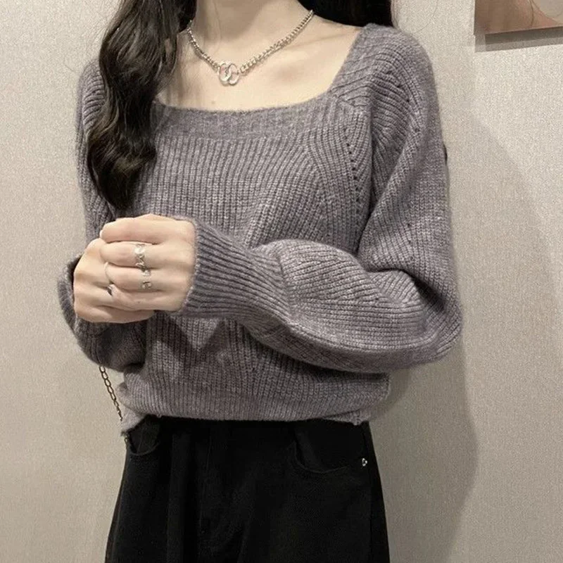 Autumn New Square Collar Loose Fit Slimming Plus Size High Quality Sweater Fashion Casual Temperament Solid Color Women's Top