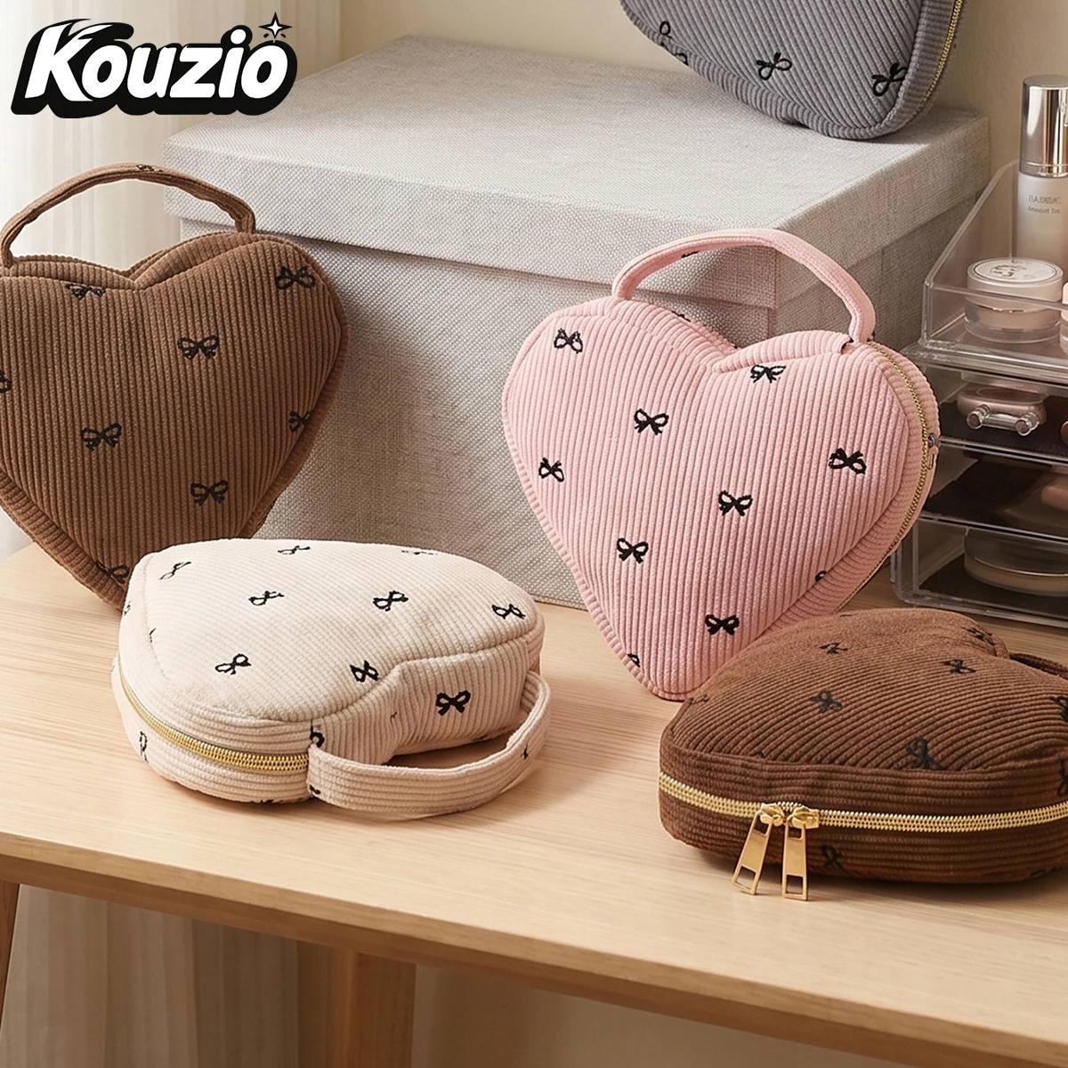 Kouzio Heart-Shaped Corduroy Makeup Bag with Bow Print, Double-Zipper Travel Cosmetic Organizer with Handle