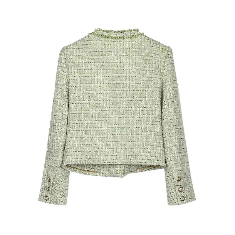 Fashion Light Green Tweed Wool Blend Fresh Short Coat Women Round Neck Tassel Loose Versatile Fragrance French Lady Coat