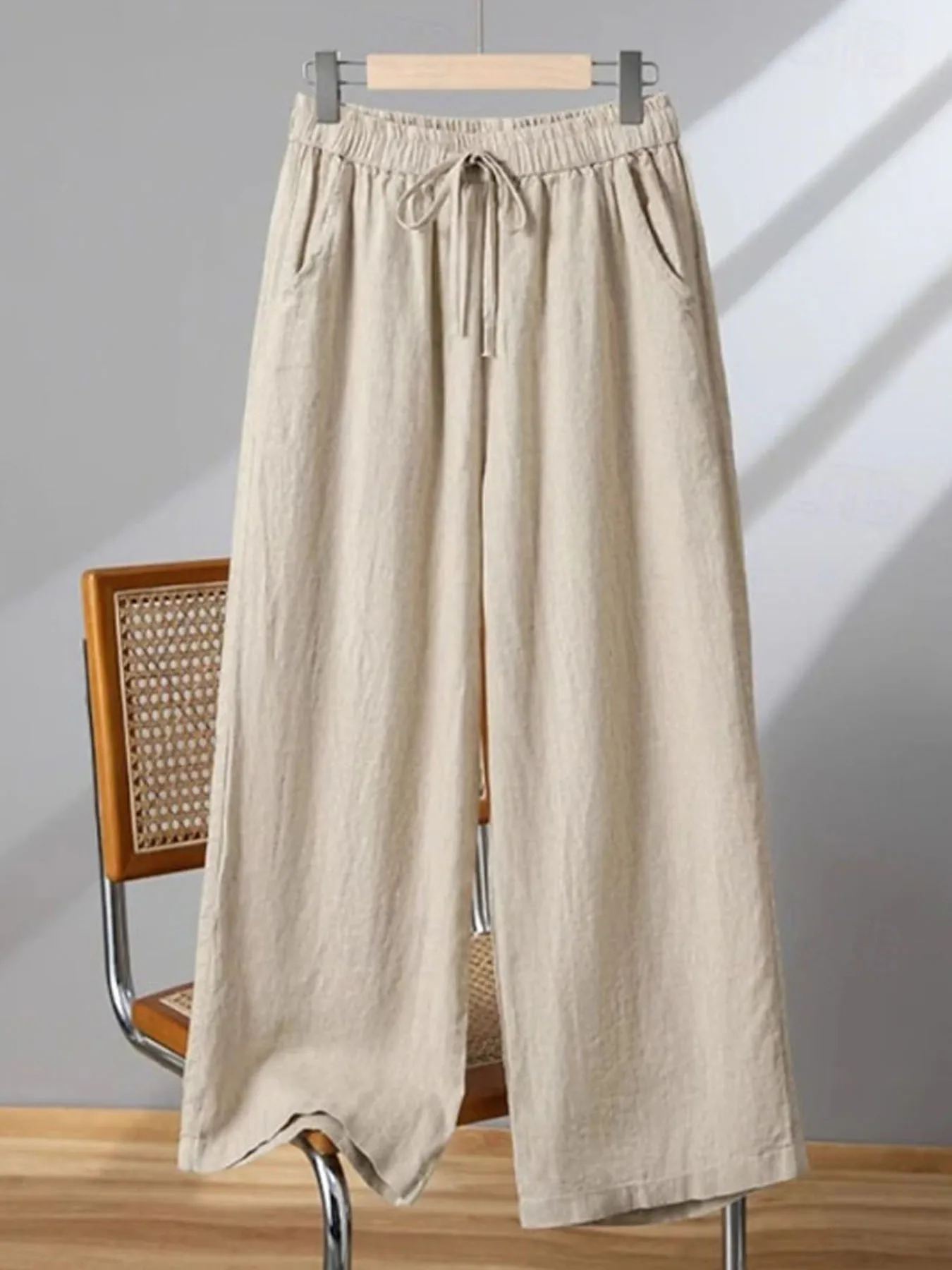 Celana Linen Wanita Pinggang Elastis - Celana Panjang Warna Solid Model Kaki Lebar, Celana Palazzo Longgar dan Bernapas