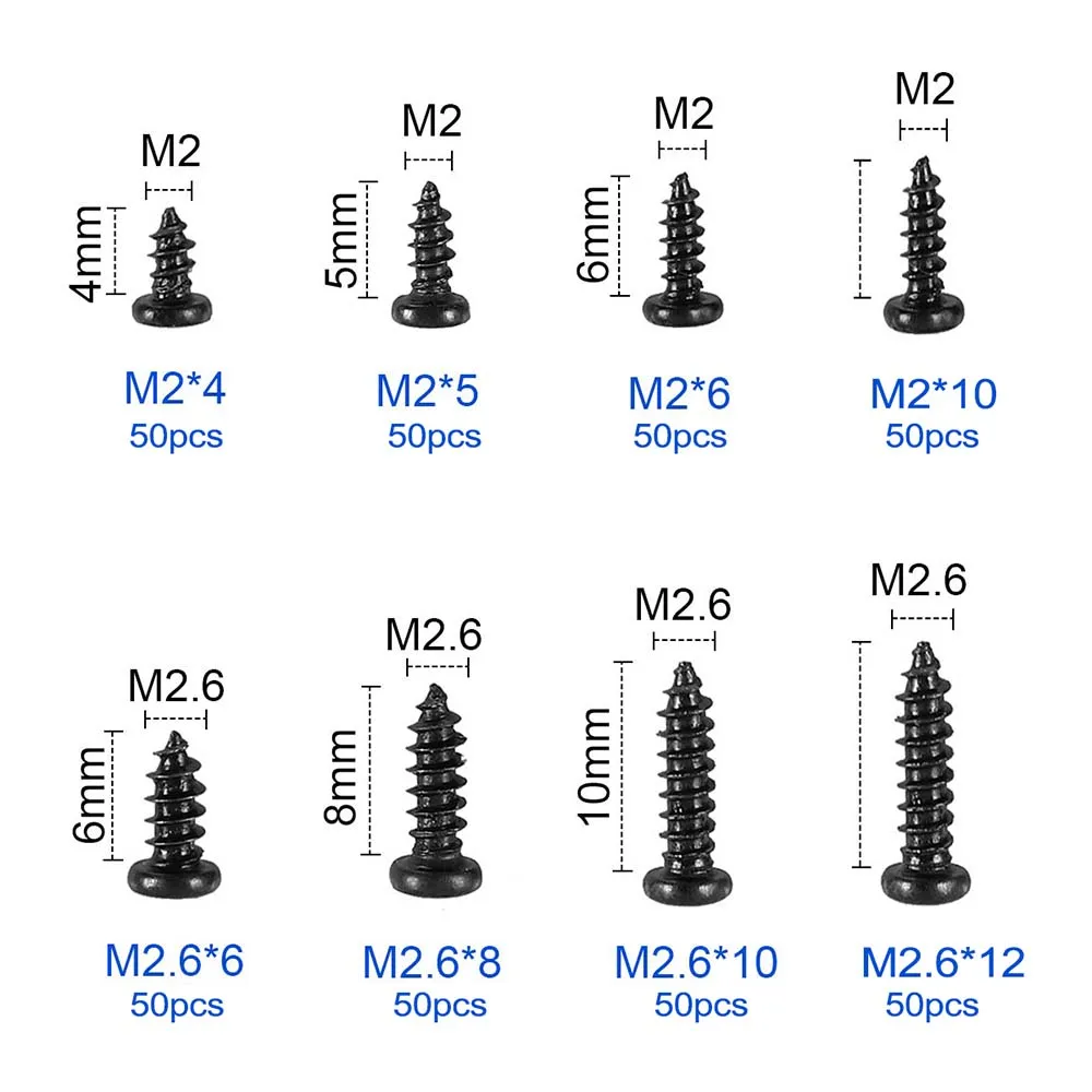 400Pcs M2*4/5/6/8 M2.6*6/8/10/12 Cross Pan Head Self Tapping Screws Set  Assortment Kit for Plastic,Wood,Soft Metal,etc