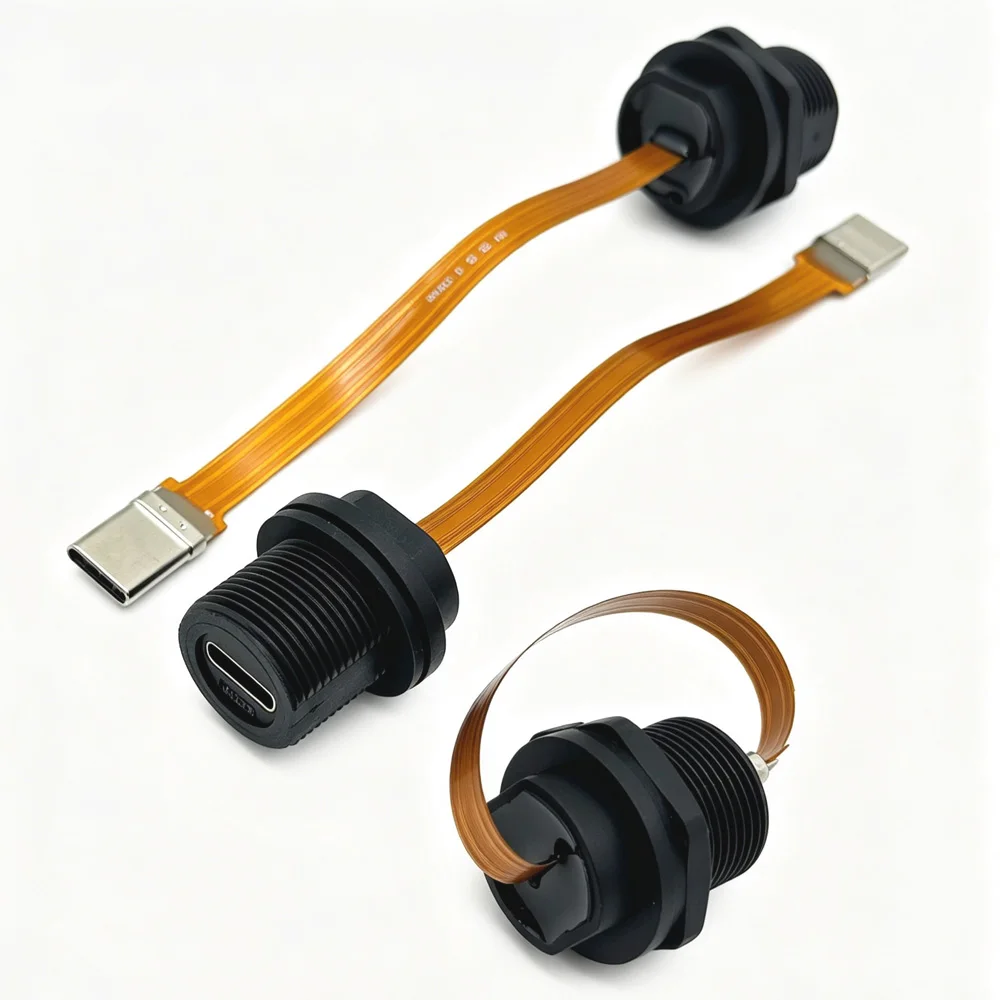 1/3Sets Type-C 3.1 Waterproof IP67 IP68 Type C Female to Male PFC Flat Cable 3.1 Threaded Type Connector