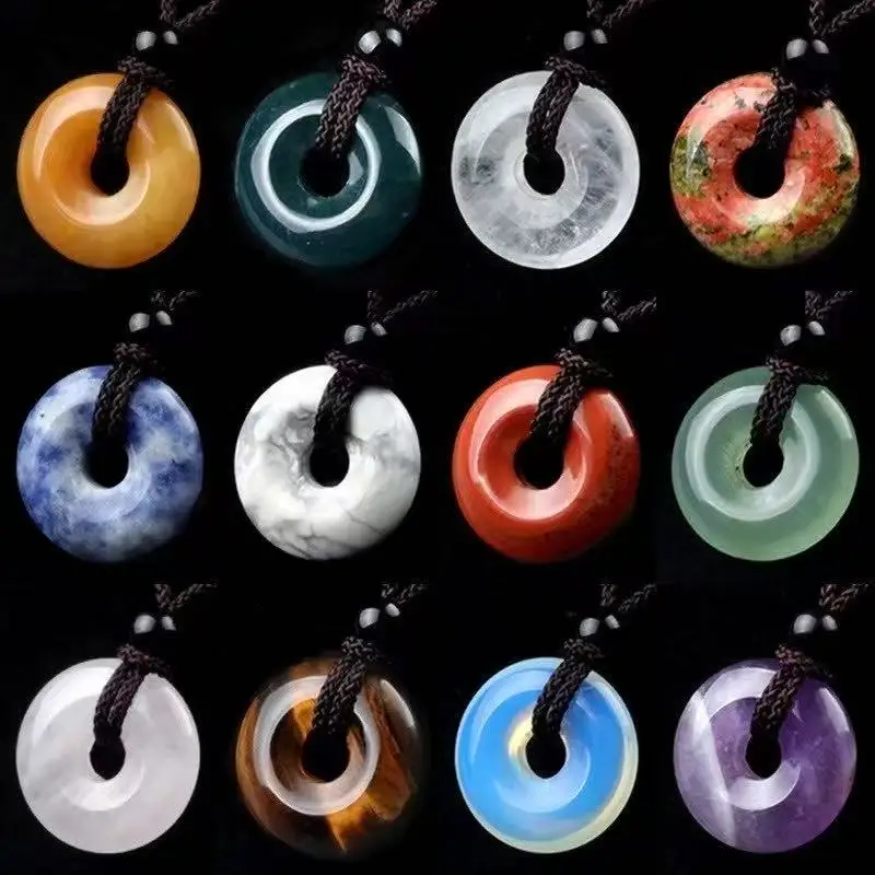 

20mm Circle Donut Healing Crystals Necklace Natural Chakra Gemstone Stone Amulet Lucky Coin Donuts Charm Protection Quartz Agate