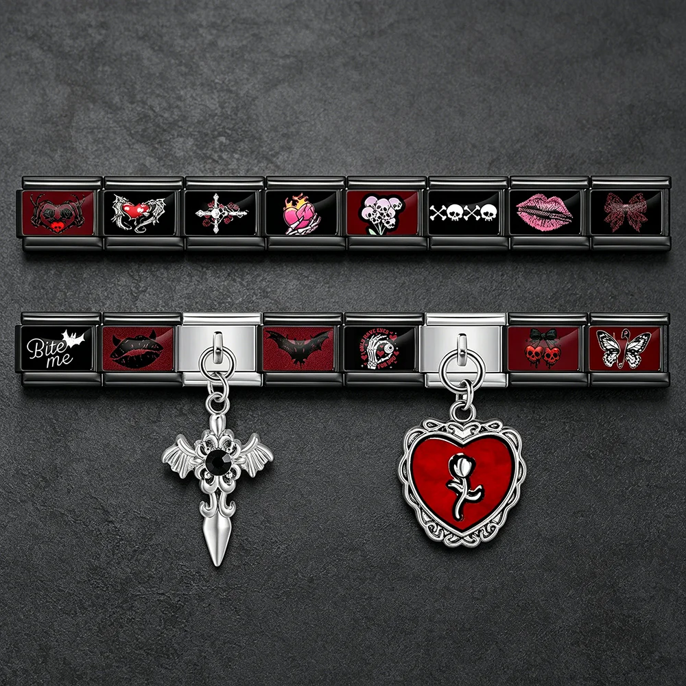 Skull Bat Bite Me Cross Gothic Dark Aesthetic Italian Charm Links 9mm Stainless Steel Bracelet Jewelry DIY Making Halloween Gift