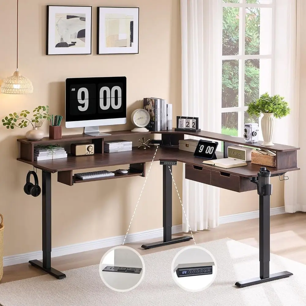

60 Electric L-Shaped Desk, Adjustable Height, LED Light, Large Home Office Workstation, Walnut Finish