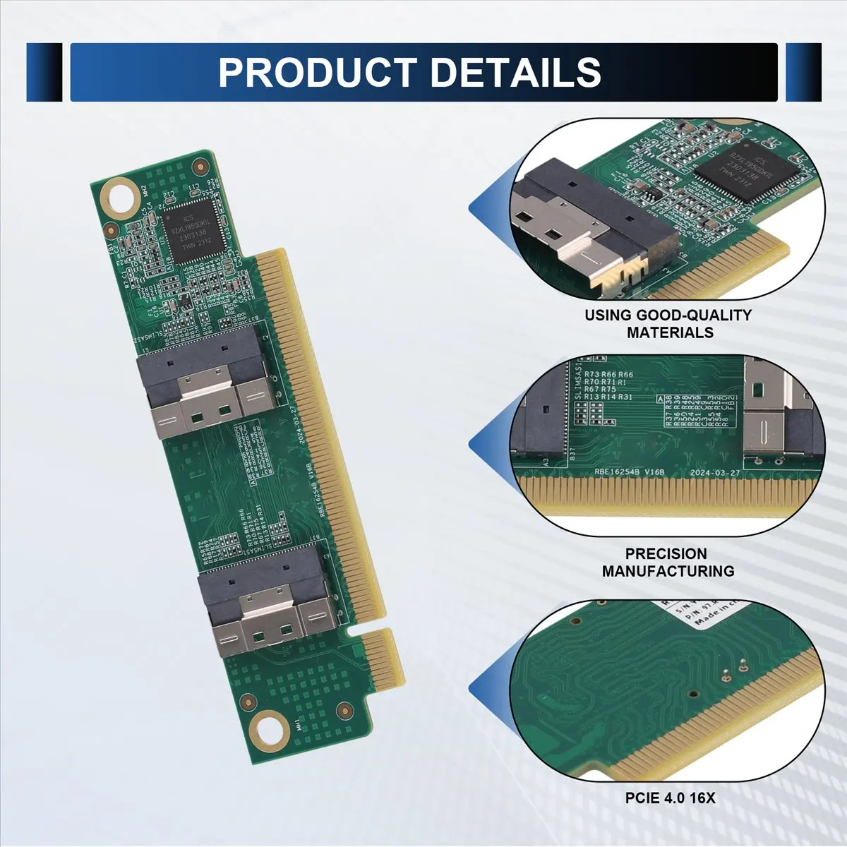 SFF-8654 to PCIe X16 Converters Supports SFF-8654 to PCIe Interfaces Convert Card Adapters for 1U Server