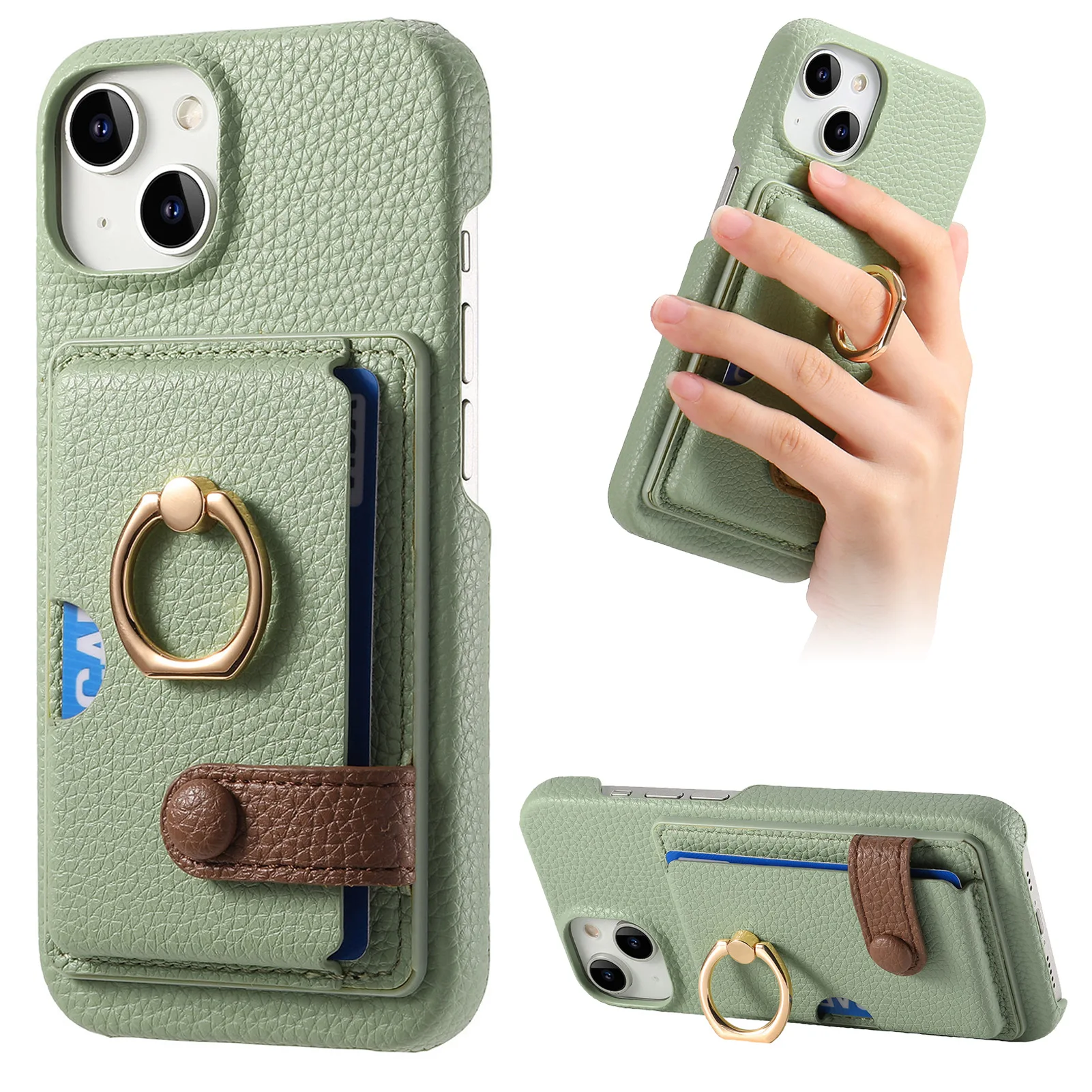 Leather Ring Support Phone Case for IPhone 17 Air 16E 18 16 15 14 13 12 11 Pro Max Plus Wallet with Card Holder Shockproof Cover