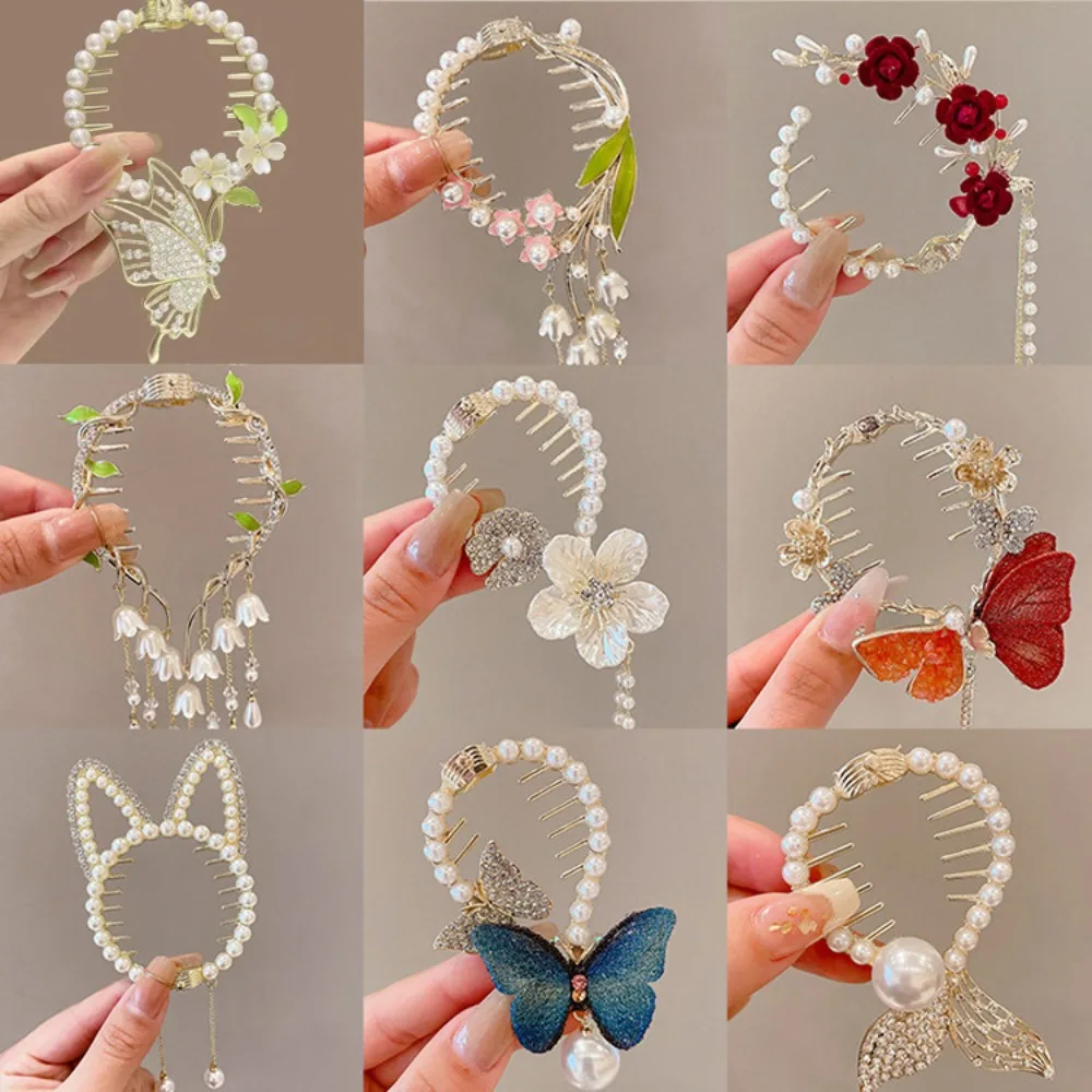 

Flower Tassel Hair Bun Buckle New Chinese Style Back of Head Pan Hair Claw Clip Bud Clip Pearl Chain High Ponytail Buckle