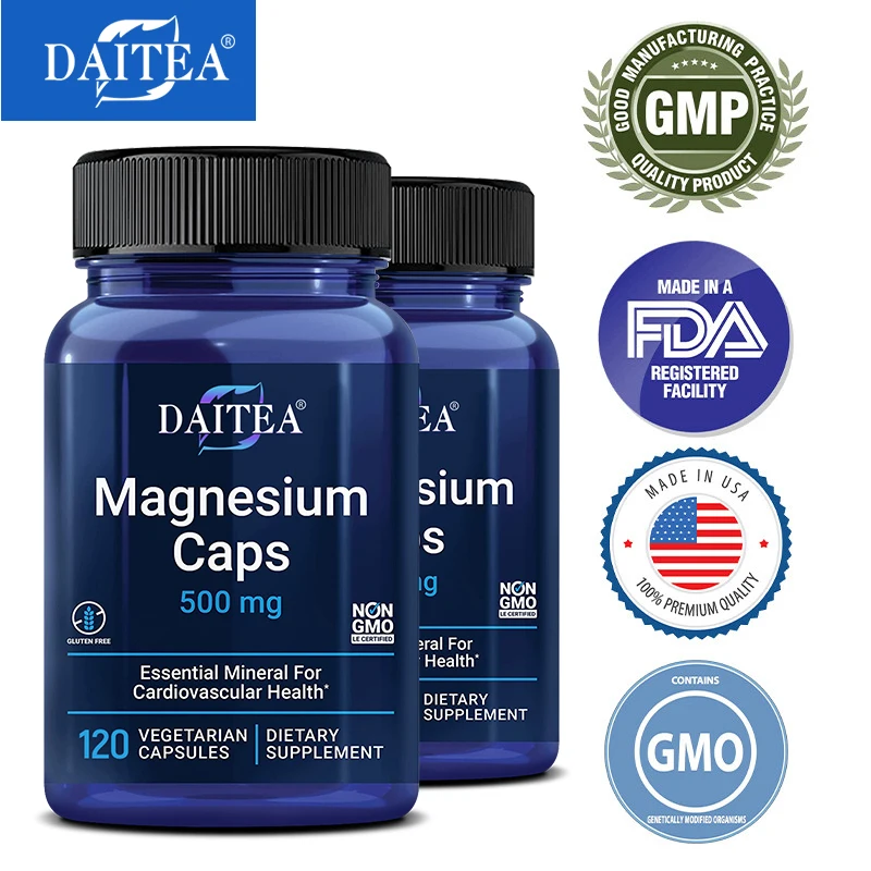 Daitea Magnesium 500 Mg, Magnesium Supplement for Muscle, Heart, Bone and Nerve Support, Non-GMO, 120 Capsules