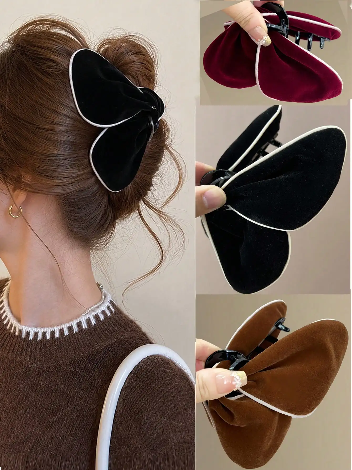

topshiny 1pc Contrast Color Velvet Bowknot Hair Claw Clip, Women Hair Claw Hairpin Headpiece Summer Outfits Hair Clips
