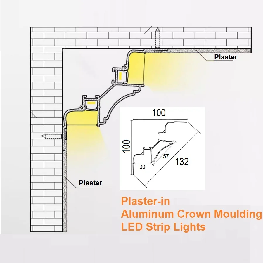 Indirect LED, Aluminum Crown Moulding Lights, Plaster-in Extrusion Profiles for LED Cove Lighting, Cornices Lamps