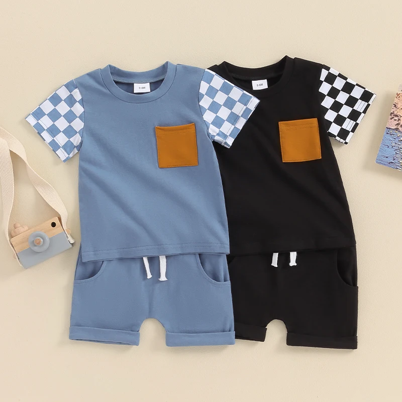 

Lioraitiin Toddler Infant Baby Boys Summer Clothing Sets Short Sleeve Checkerboard Print Tops and Drawstring Shorts Sets