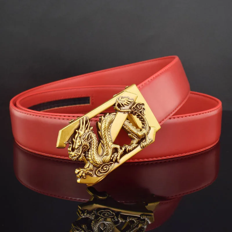 

Chinese Dragon Mens Belts High Quality Corset Genuine Leather Belt Automatic Luxury Fashion Red Fancy Vintage Cintos Masculinos