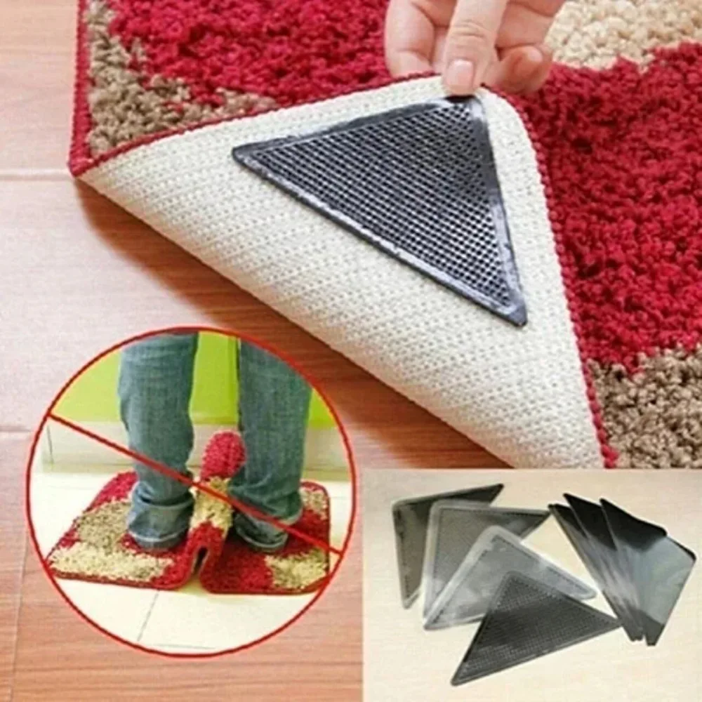 4 Pcs Silicone Anti-Slip Rug Corner Pads Strong Grip Keep Mats Flat Stop Curling Reusable Washable for Tile Wood Smooth Floors